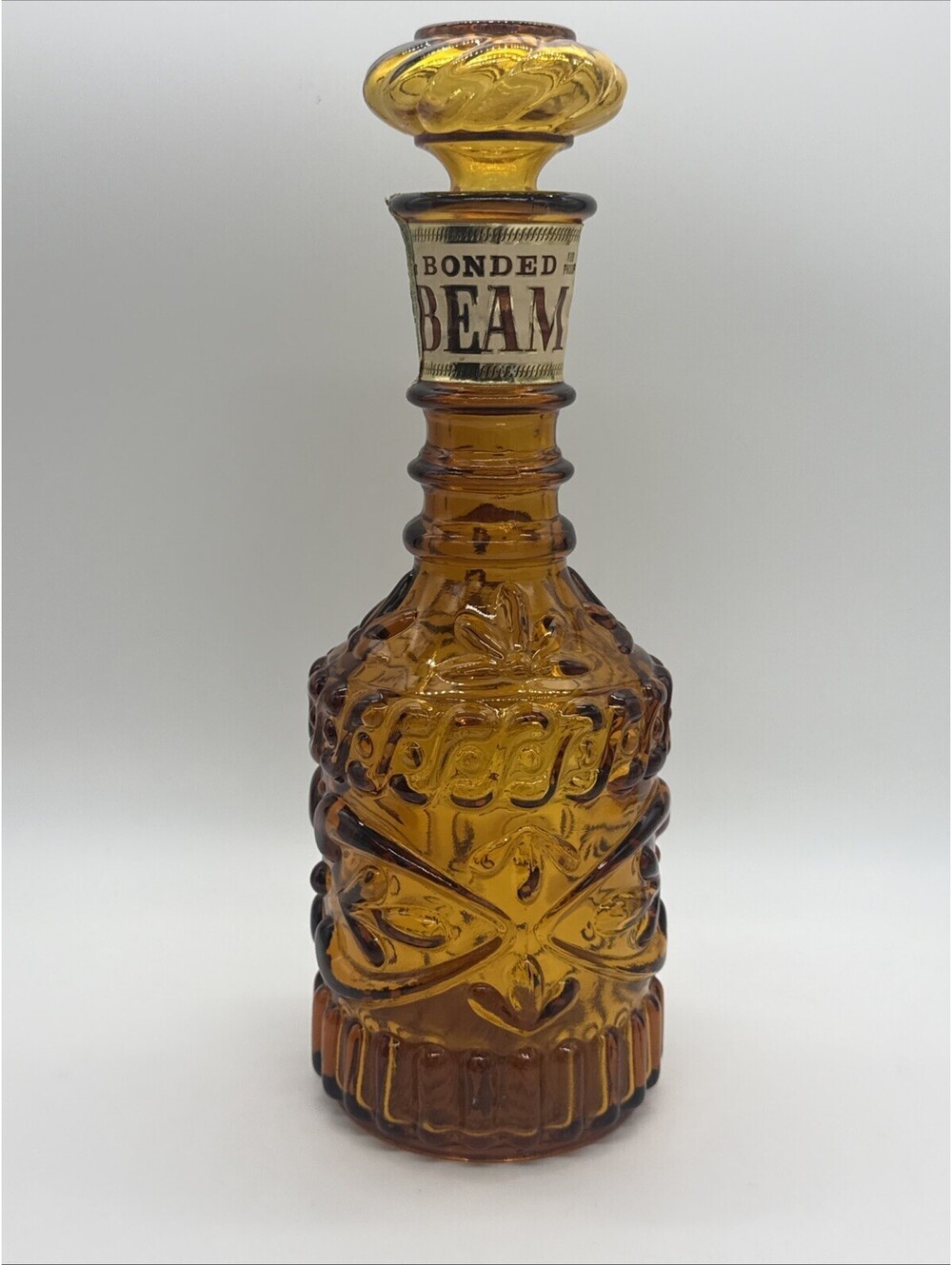 Vintage 1960s Jim Beam Amber Glass Decanter Bonded Beam Bottle Barware Stopper